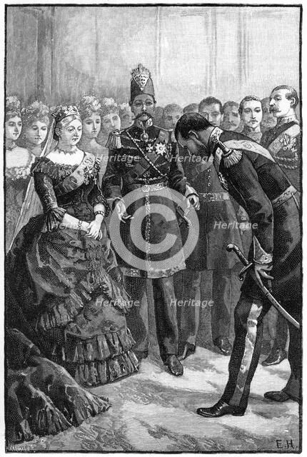 The Shah of Persia presenting his suit to Queen Victoria at Windsor, mid-late 19th century. Creator: Unknown.