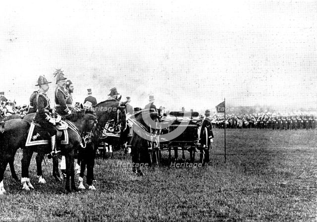 The Shahzada's Visit: Duke of Connaught, Prince of Wales, and Shahzada at the Saluting Point, 1895. Creator: Henry R. Gibbs.