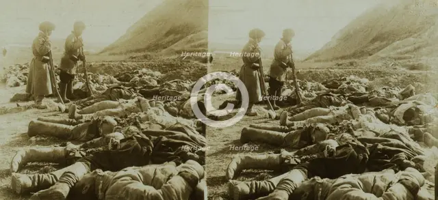 The shattered remains of Russian heroes who were killed near 203 Metre Hill, Port Arthur, c1905. Creator: Underwood & Underwood.