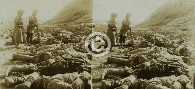 The shattered remains of Russian heroes who were killed near 203 Metre Hill, Port Arthur, c1905. Creator: Underwood & Underwood.