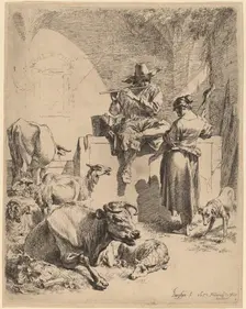 The Shepherd Seated on a Fountain and the Spinner, 1652. Creator: Nicolaes Berchem