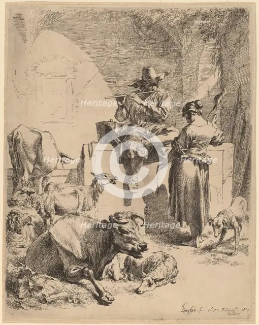 The Shepherd Seated on a Fountain and the Spinner, 1652. Creator: Nicolaes Berchem.