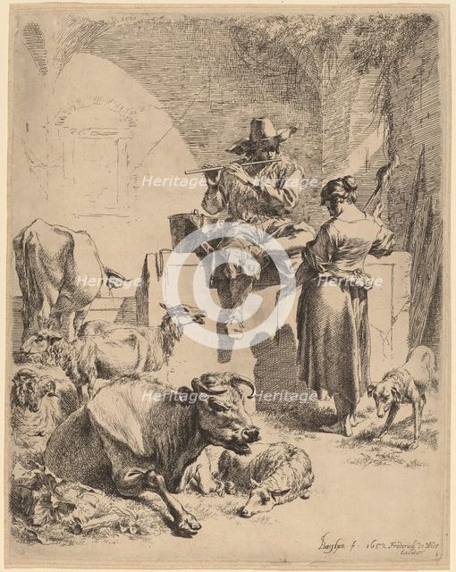 The Shepherd Seated on a Fountain and the Spinner, 1652. Creator: Nicolaes Berchem.