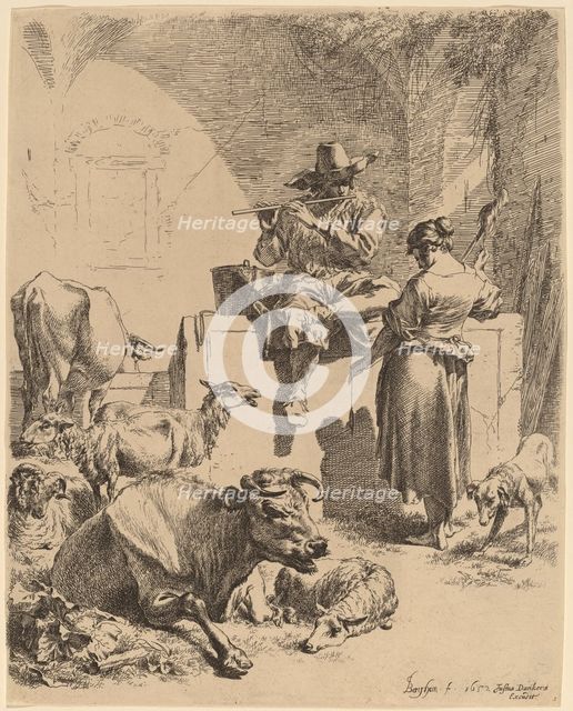The Shepherd Seated on a Fountain and the Spinner, 1652. Creator: Nicolaes Berchem.
