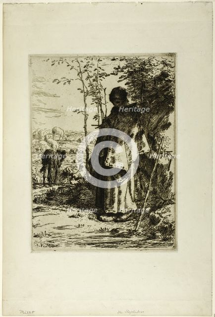 The Shepherdess Knitting, 1862. Creator: Jean Francois Millet.