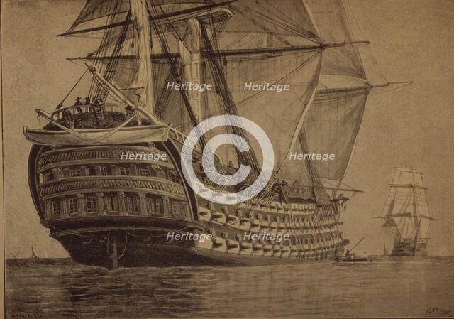 The ship Santa Ana, the Spanish boat fleet at the Battle of Trafalgar (21 - 10-1805), under comma…