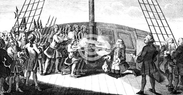 The shooting of Admiral Byng on board the 'Monarque', 1757. Artist: Unknown