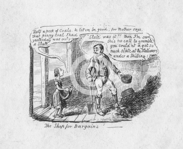 'The Shop for Bargains', 1829. Artist: George Cruikshank.