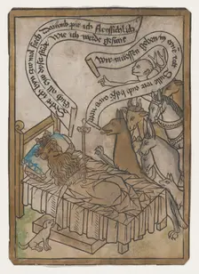 The Sick Lion Summons the Animals to His Bedside, from the Sick Lion blockbook, 2nd ed..., ca. 1465. Creator: Anon