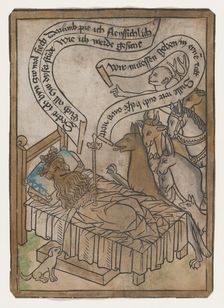 The Sick Lion Summons the Animals to His Bedside, from the Sick Lion blockbook, 2nd ed..., ca. 1465. Creator: Anon