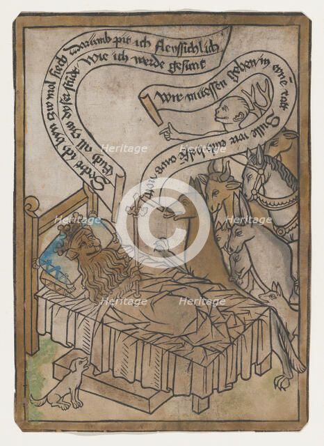 The Sick Lion Summons the Animals to His Bedside, from the Sick Lion blockbook, 2nd ed..., ca. 1465. Creator: Anon.