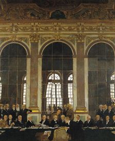 The Signing of Peace in the Hall of Mirrors, Versailles, 28 June 1919, 1919. Creator: Orpen, Sir William (1878-1931)
