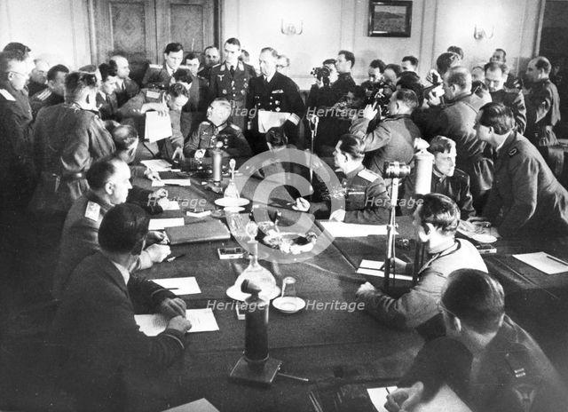 The signing the German Instrument of Surrender in Berlin, May 8, 1945, 1945.