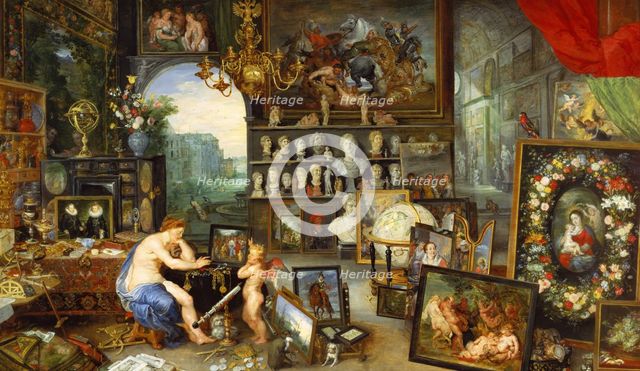The Sight', represented by a naked nymph looking at a painting showed by a winged cherub, by Jan …
