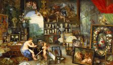 The Sight represented by a naked nymph looking at a painting showed by a winged cherub, by Jan …