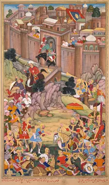 The siege of Arbela in the era of Hulagu Khan, from a Chingiz-nama..., c. 1596. Creator: Basavana (Indian, active c. 1560-1600); Sur Das Gujarati (Indian, active 16th century)