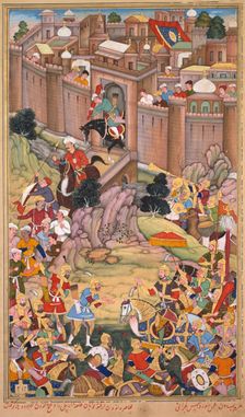 The siege of Arbela in the era of Hulagu Khan, from a Chingiz-nama..., c. 1596. Creator: Basavana (Indian, active c. 1560-1600); Sur Das Gujarati (Indian, active 16th century)