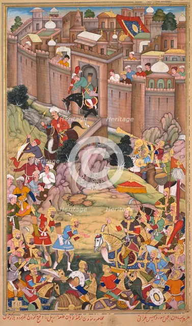 The siege of Arbela in the era of Hulagu Khan, page from a Chingiz-nama..., c. 1596. Creator: Basavana (Indian, active c. 1560-1600); Sur Das (Indian).