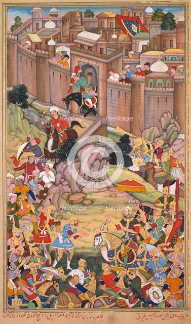 The siege of Arbela in the era of Hulagu Khan, page from a Chingiz-nama..., c. 1596. Creator: Basavana (Indian, active c. 1560-1600); Sur Das (Indian).