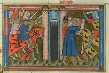 The siege of Ascalon in 1153 (From "Li rommans de Godefroy de Buillon et de Salehadin"), 1337. Creator: Maître de Fauvel (active 1314-1340)