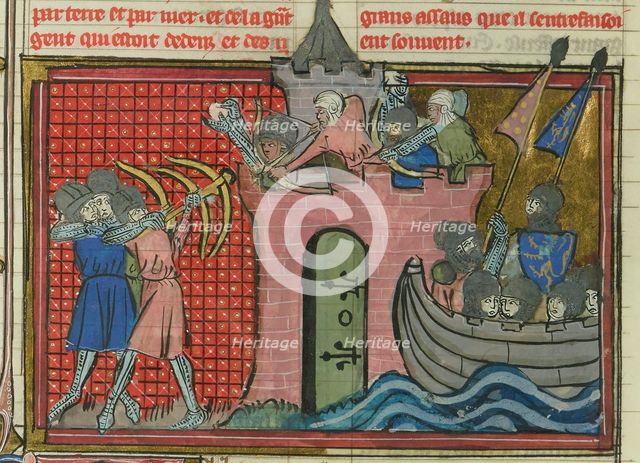 The siege of Ascalon in 1153 (From "Li rommans de Godefroy de Buillon et de Salehadin"), 1337. Creator: Maître de Fauvel (active 1314-1340).