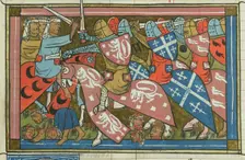 The siege of Damietta of 1218-1219 (From "Li rommans de Godefroy de Buillon et de Salehadin"), 1337. Creator: Maître de Fauvel (active 1314-1340)