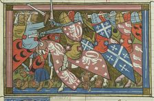 The siege of Damietta of 1218-1219 (From "Li rommans de Godefroy de Buillon et de Salehadin"), 1337. Creator: Maître de Fauvel (active 1314-1340)