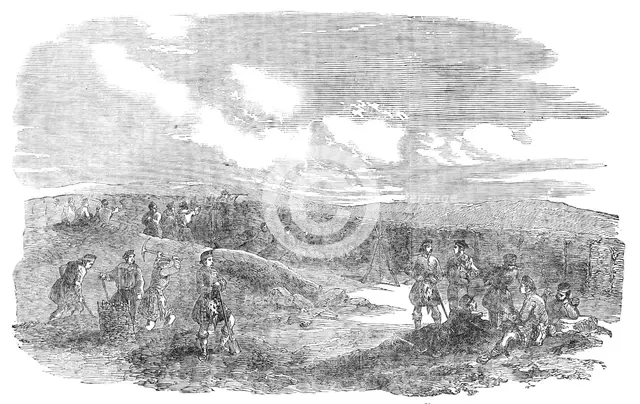 The Siege of Sebastopol - Working Party of Highlanders and Sailors in the 21-Gun Battery, 1854. Creator: Unknown.
