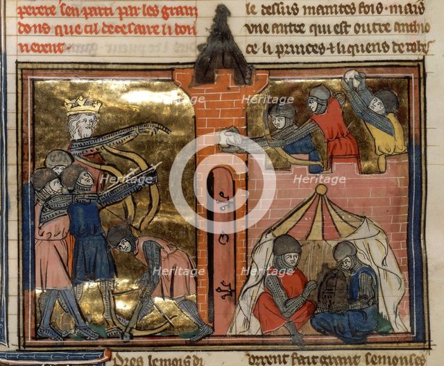 The siege of Shaizar, 1138 (From "Li rommans de Godefroy de Buillon et de Salehadin"), 1337. Creator: Maître de Fauvel (active 1314-1340).