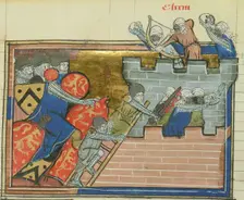 The siege of Shaizar in 1157 (From "Li rommans de Godefroy de Buillon et de Salehadin"), 1337. Creator: Maître de Fauvel (active 1314-1340)