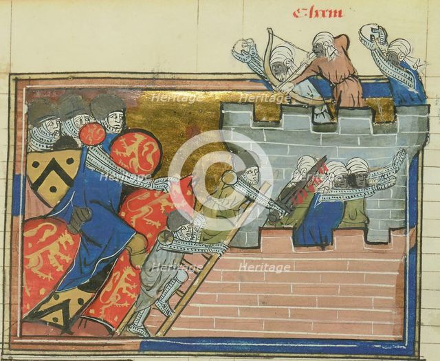 The siege of Shaizar in 1157 (From "Li rommans de Godefroy de Buillon et de Salehadin"), 1337. Creator: Maître de Fauvel (active 1314-1340).