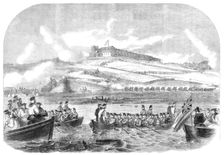The siege operations in St. Mary’s Creek, Chatham: boats advancing to the assault, 1864. Creator: Unknown