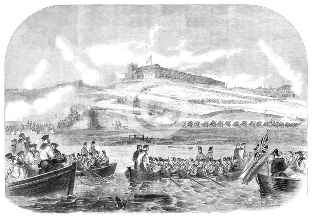 The siege operations in St. Mary’s Creek, Chatham: boats advancing to the assault, 1864. Creator: Unknown.