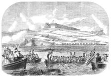 The siege operations in St. Mary’s Creek, Chatham: boats advancing to the assault, 1864. Creator: Unknown