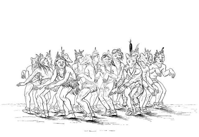 The Sioux tribe performing a bear dance, 1841.Artist: Myers and Co