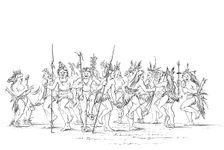 The Sioux tribe performing a beggar dance, 1841.Artist: Myers and Co