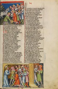 The Silver Cup Discovered: Joseph Reveals His Identity to His Brothers, about 1400-1410. Creator: Unknown