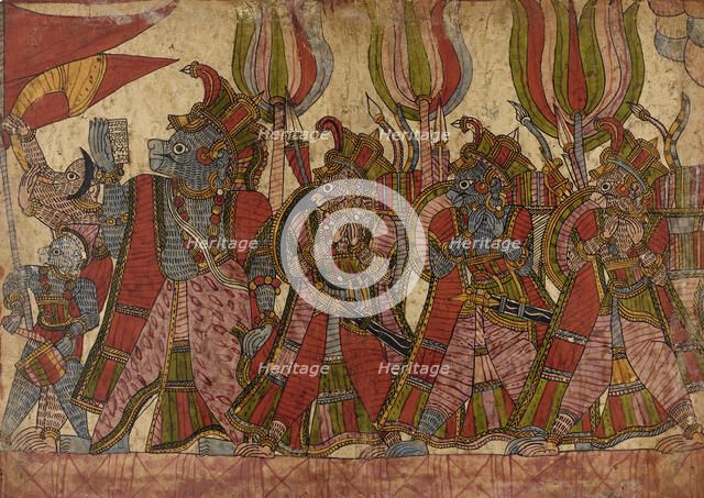 The Simian Generals in Procession, Scene from the Story of the Burning of Lanka..., c1850. Creator: Unknown.