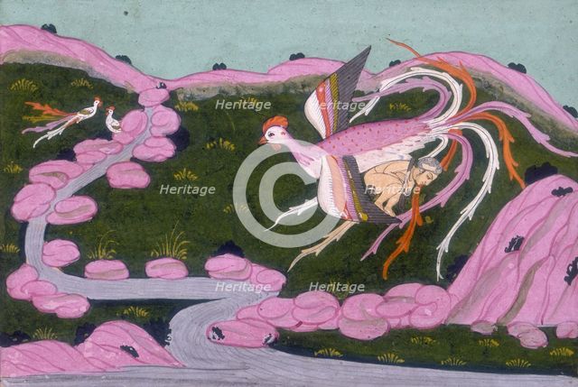 The Simurgh carrying the infant Zal to her nest on Mount Alburz, 1742.  Creator: Unknown.