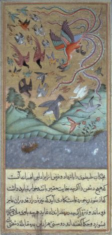 The simurgh leading an army of birds, c1610. Creator: Anon
