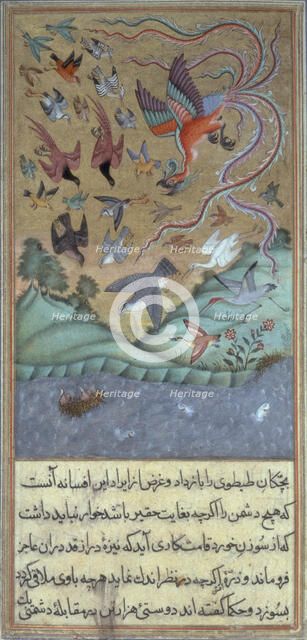 The simurgh leading an army of birds, c1610. Creator: Anon.