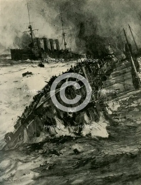 The sinking of HMS 'Aboukir', First World War, 22 September 1914, (c1920). Creator: Charles Dixon.