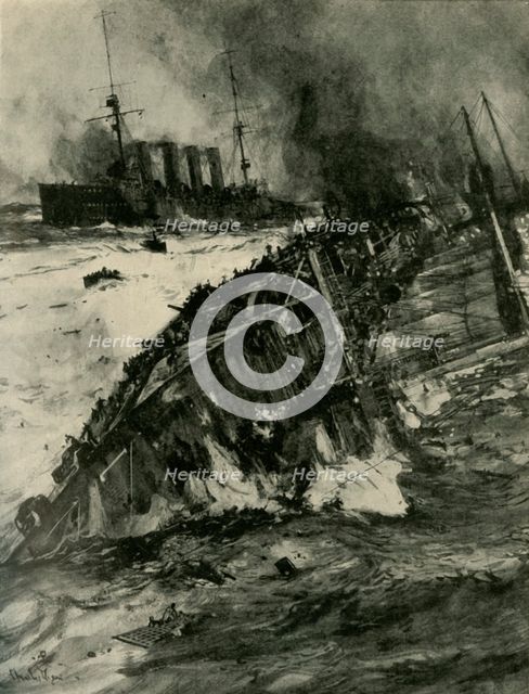 The sinking of HMS 'Aboukir', First World War, 22 September 1914, (c1920). Creator: Charles Dixon.