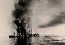 The sinking of icebreaker Alexander Sibiryakov by German cruiser Admiral Scheer on 25 August 1942. Creator: Anonymous