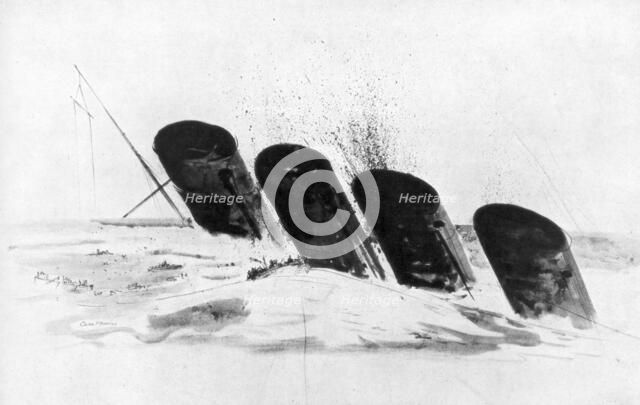 The sinking of RMS Lusitania, 7 May 1915, (1926). Artist: Oliver Bernard