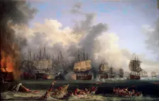The Sinking of the Russian Battleship St. Evstafius in the naval Battle of Chesma 1771. Artist: Jacob Philip Hackert