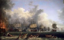 The Sinking of the Russian Battleship St. Evstafius in the naval Battle of Chesma 1771. Artist: Jacob Philip Hackert