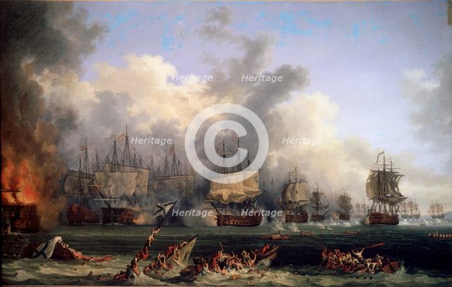 'The Sinking of the Russian Battleship St. Evstafius in the naval Battle of Chesma', 1771.  Artist: Jacob Philip Hackert