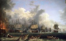 The Sinking of the Russian Battleship St. Evstafius in the naval Battle of Chesma, 1771. Creator: Hackert, Jacob Philipp (1737-1807)