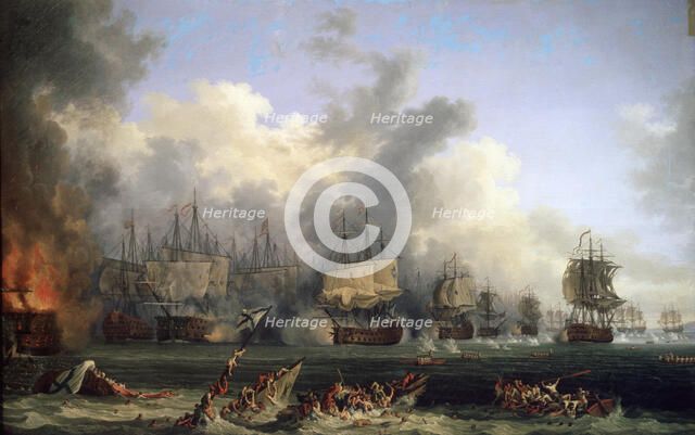 The Sinking of the Russian Battleship St. Evstafius in the naval Battle of Chesma, 1771.  Creator: Hackert, Jacob Philipp (1737-1807).